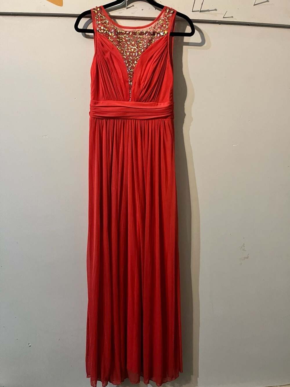 009-0039 B. Darlin Red Sleeveless Gown with Embellished Neckline and Sheer Back